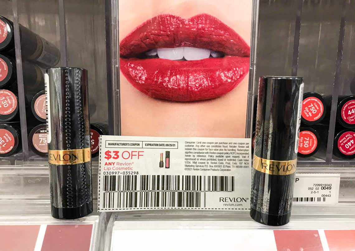 revlon lustrous lipsticks with coupon in front of display