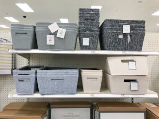 threshold tapered storage bins on a target shelf