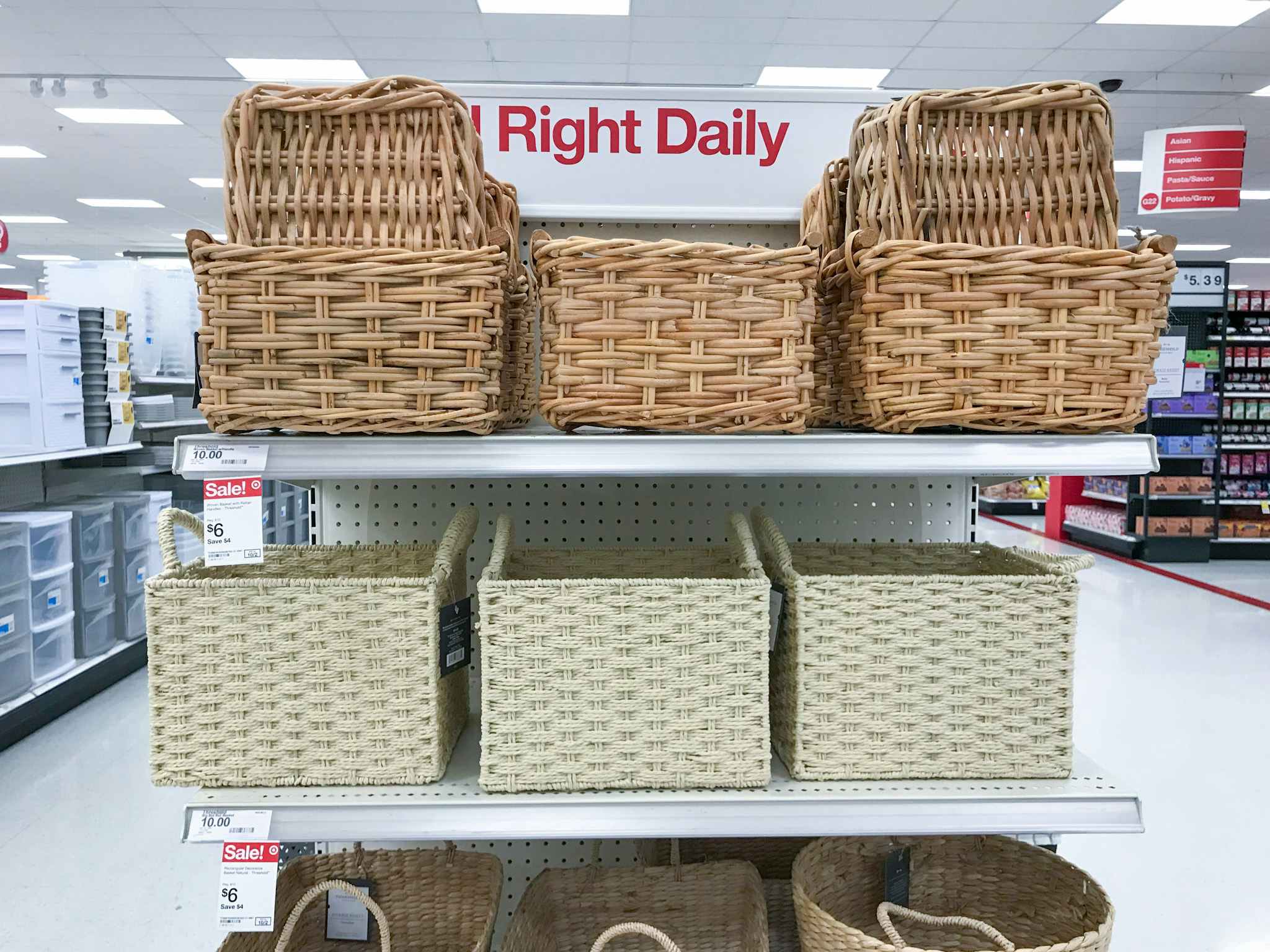 threshold storage baskets on a target shelf