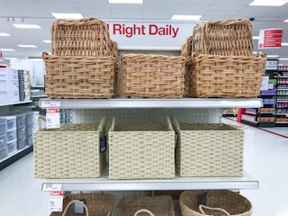 threshold storage baskets on a target shelf