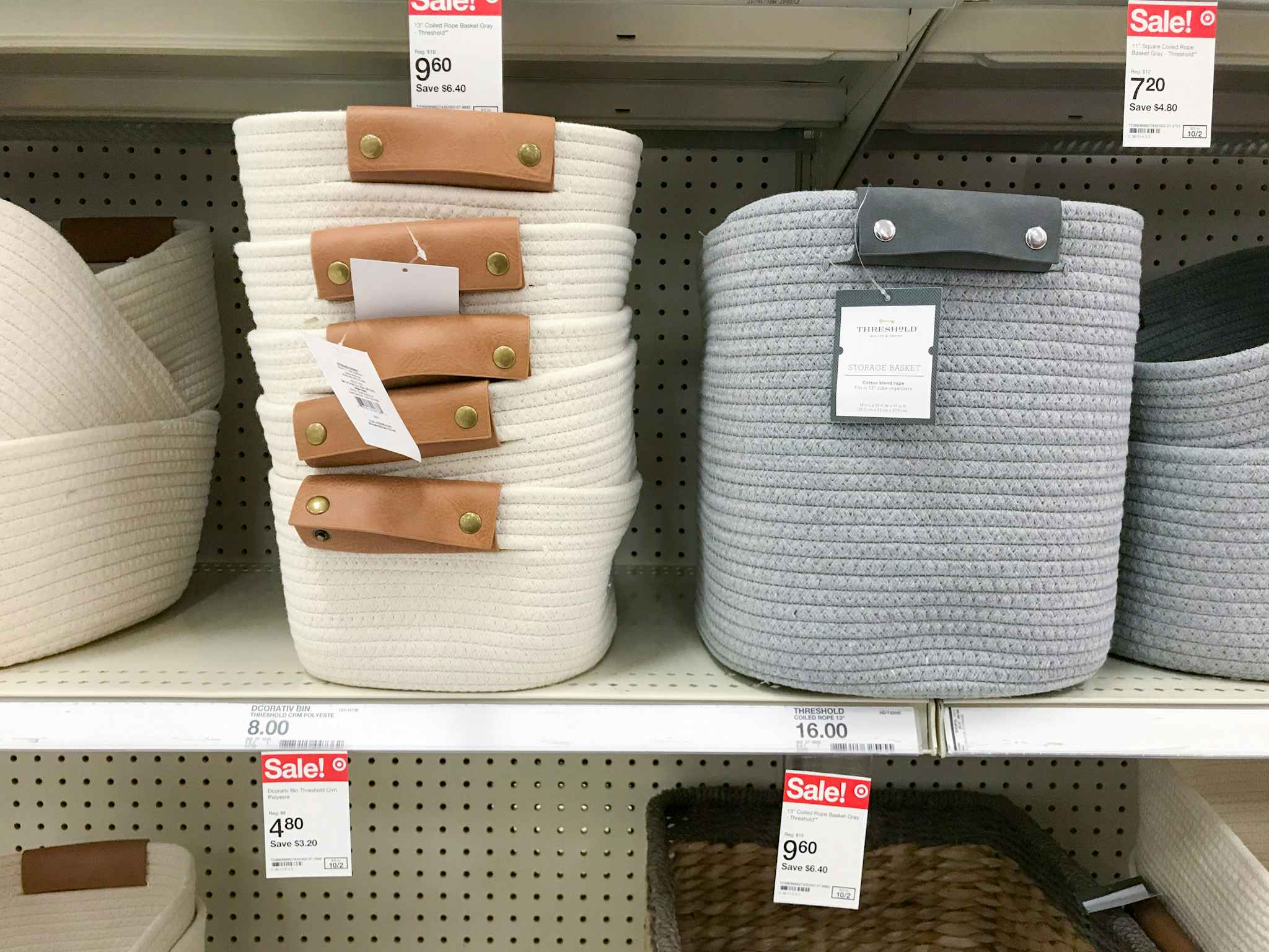 threshold storage baskets on a target shelf