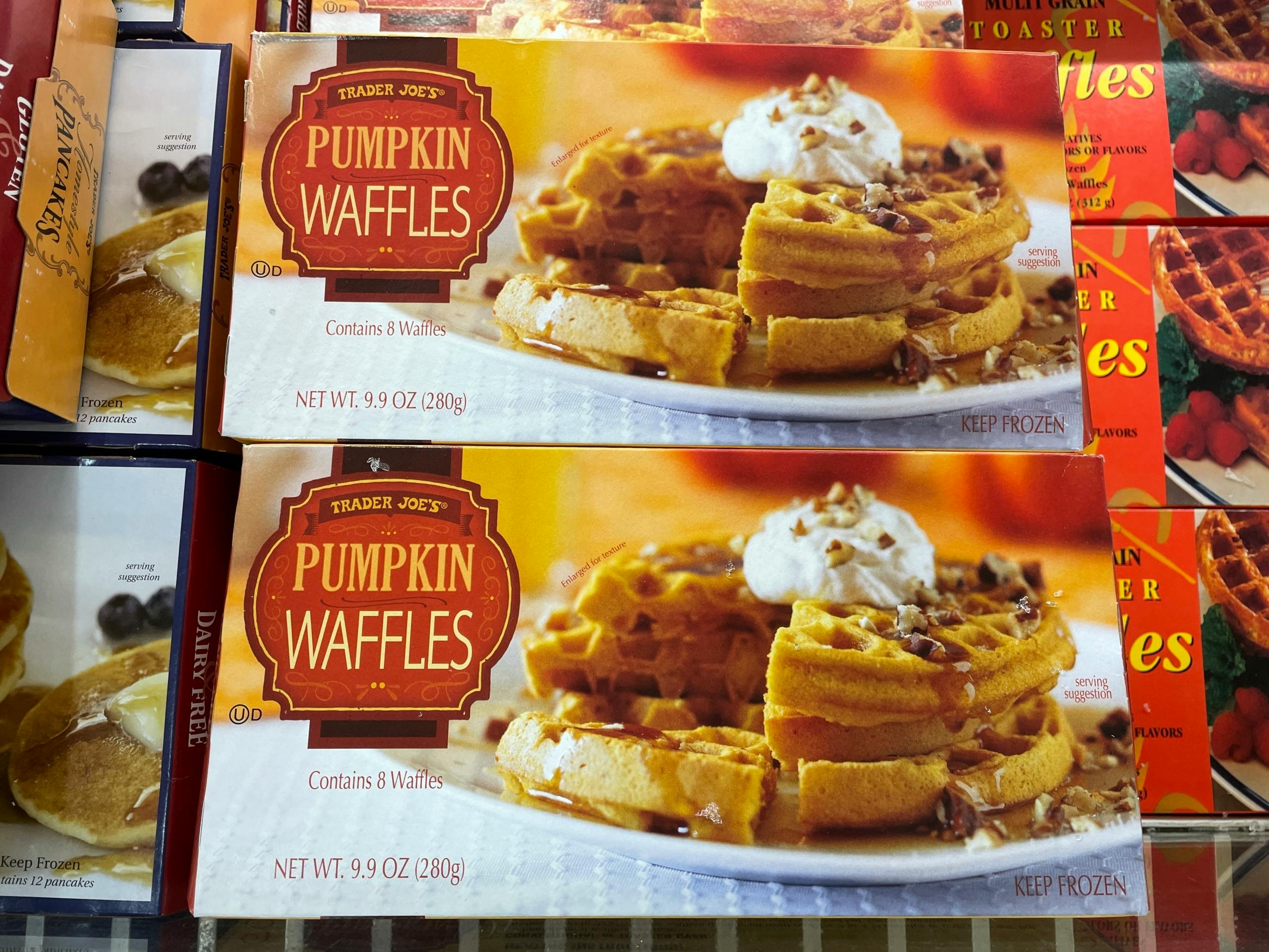 Trader Joe's Frozen Pumpkin Waffles in the freezer.