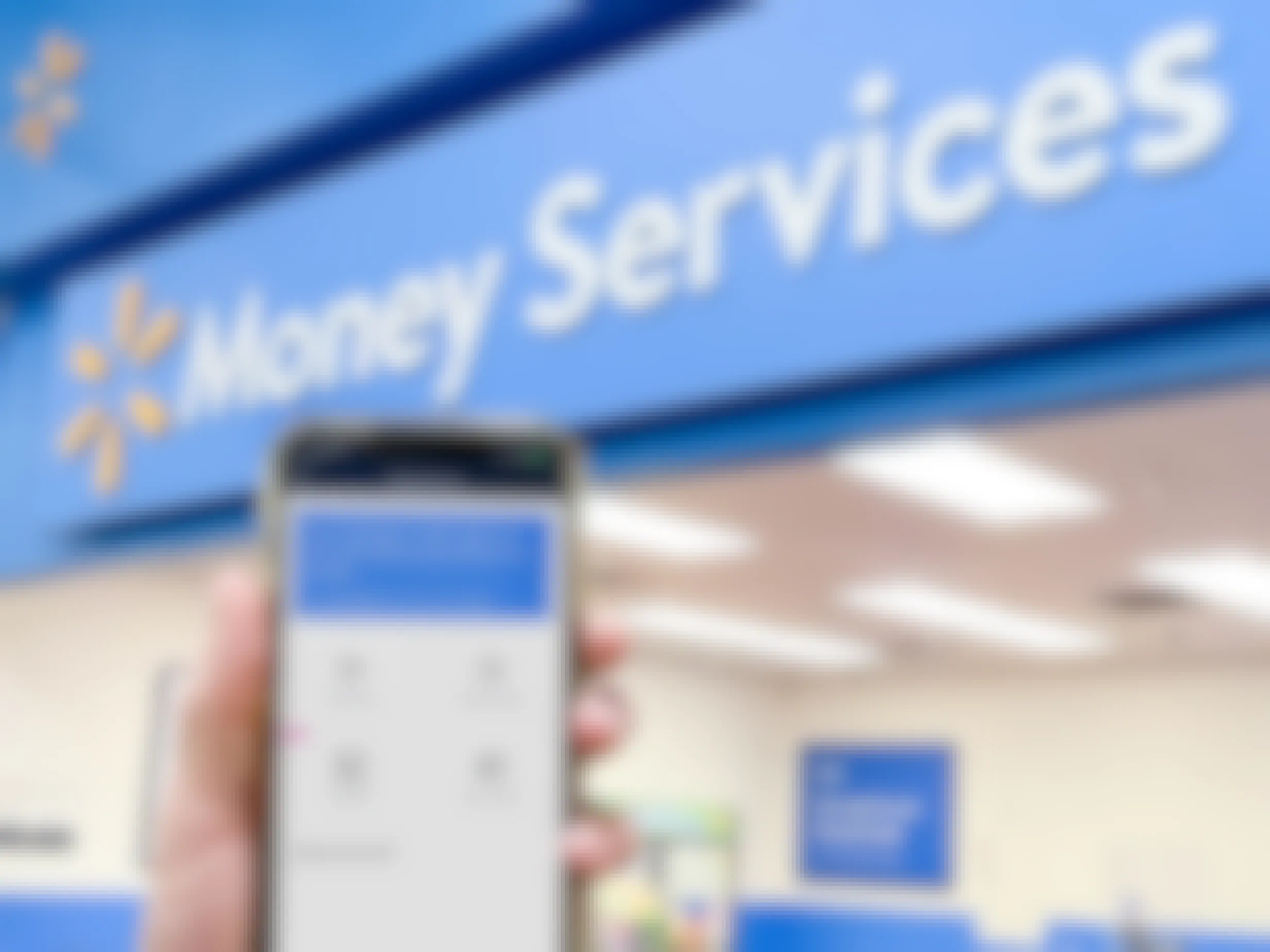 cellphone being held with money services on app info in front of walmart money services 