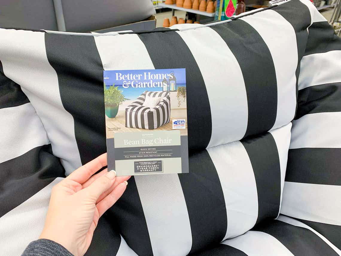 close up of better homes and gardens outdoor bean bag chair tag
