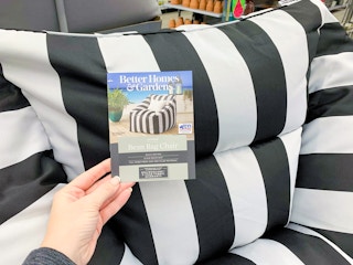 close up of better homes and gardens outdoor bean bag chair tag