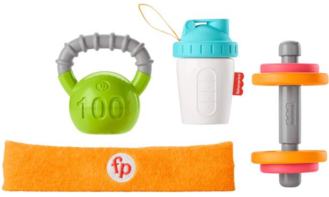 stock photo of fisher price baby workout toys on white background