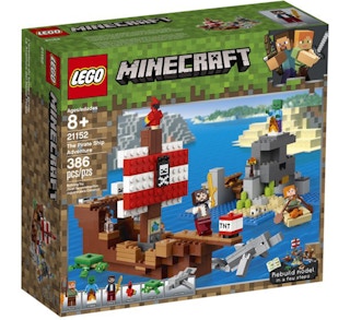 stock photo of the lego minecraft pirate ship set on white background