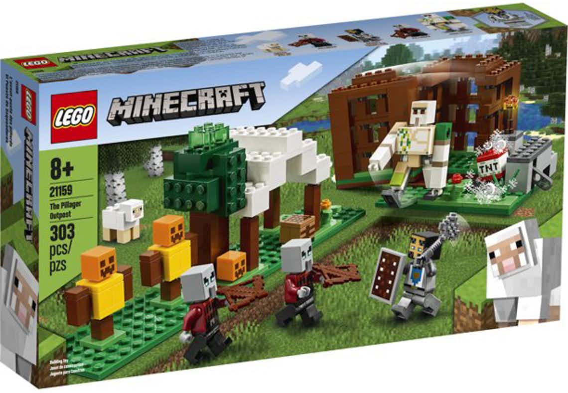 stock photo of lego minecraft pillage outpost set on white background