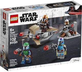 stock photo of lego star wars mandalorian set on white background