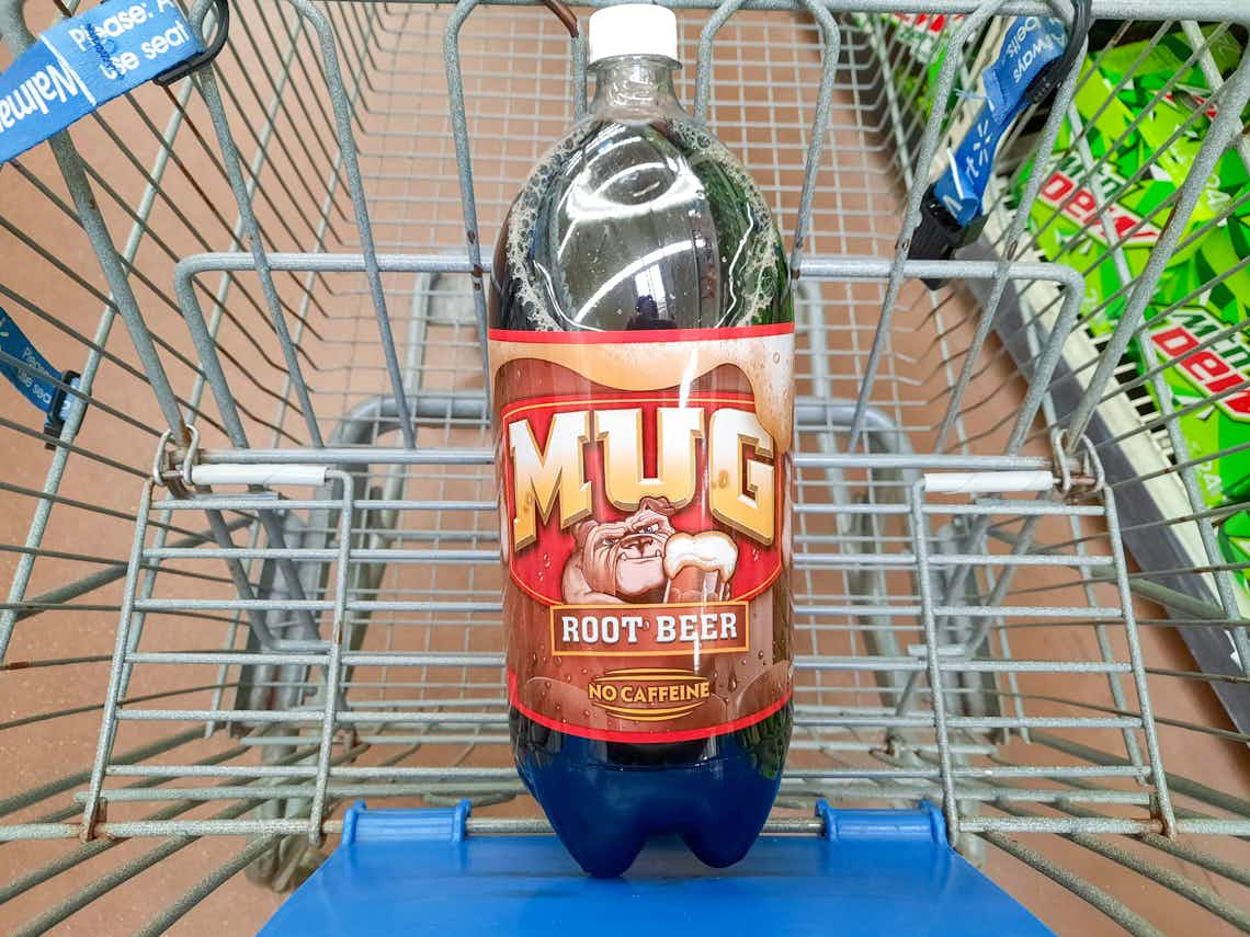 bottle of mug rootbeer in walmart cart