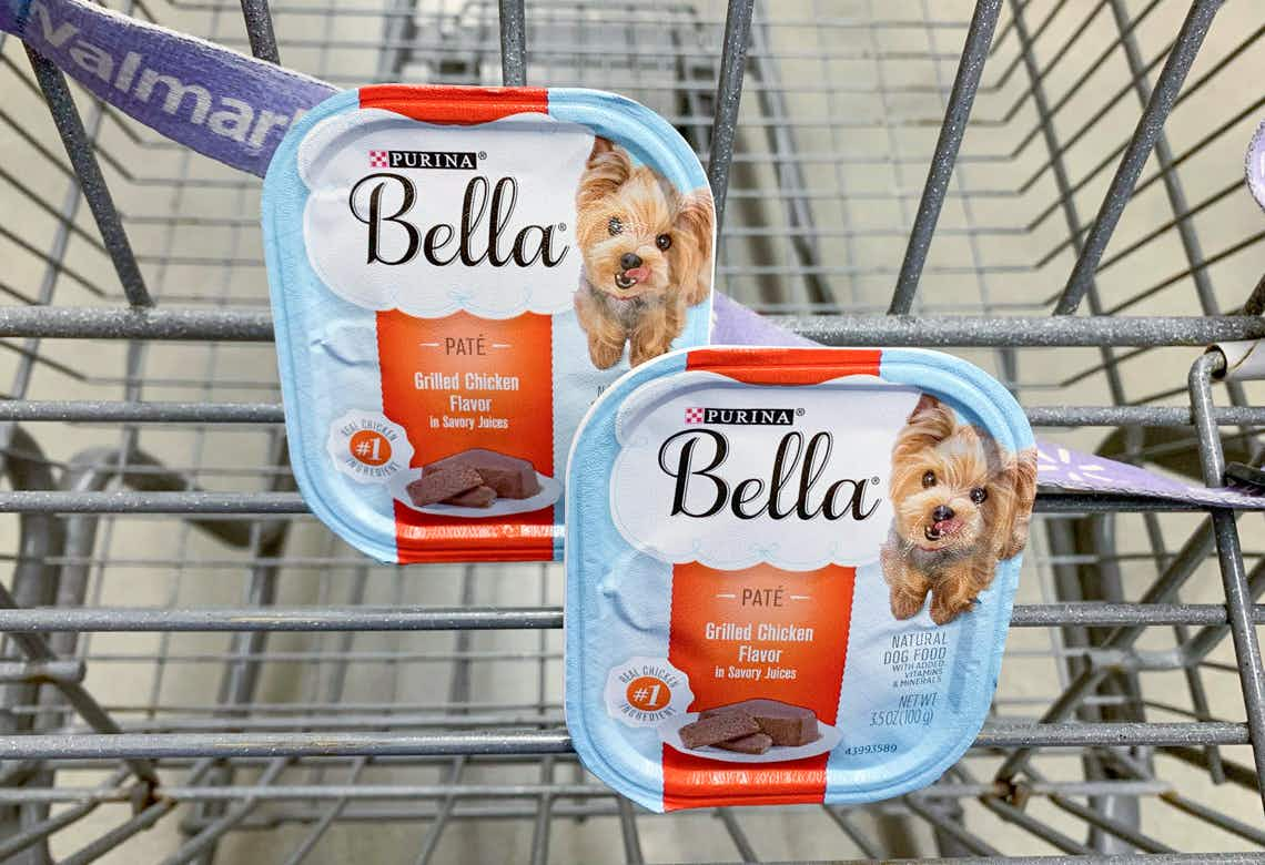 two trays of purina bella wet dog food in walmart cart