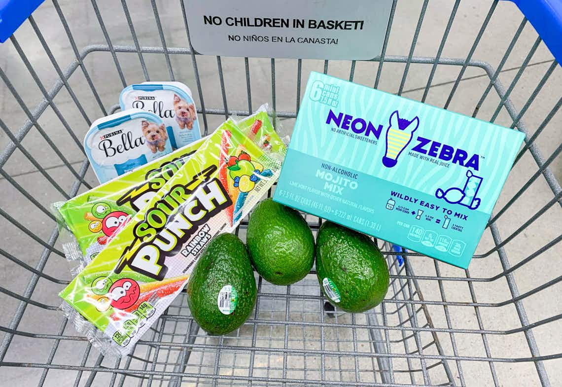 sour punch straws avocados neon zebra cocktail mixer and bella dog food in walmart cart