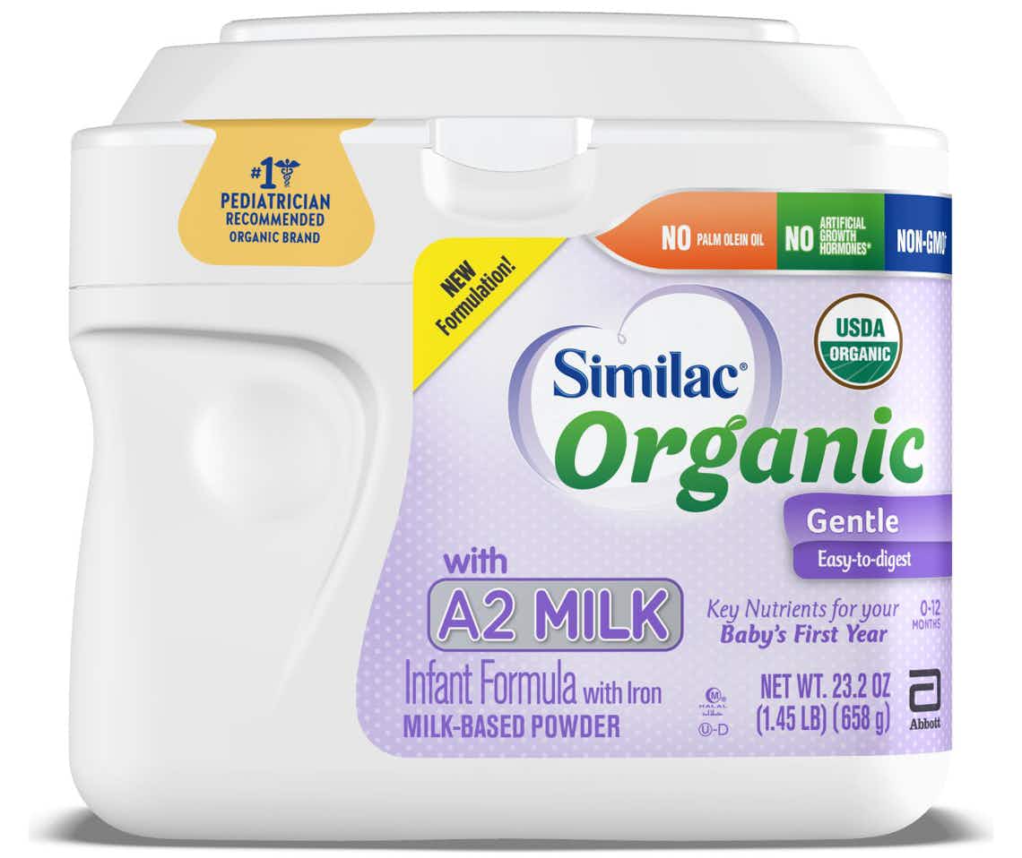 stock photo of similac organic a2 milk with white lid on white background