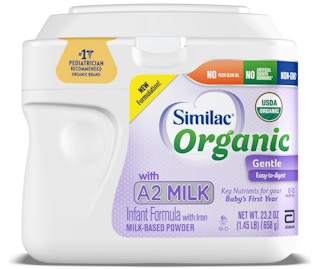 stock photo of similac organic a2 milk with white lid on white background