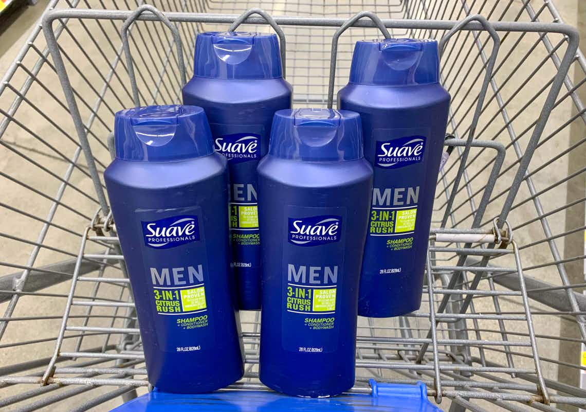 four bottle of suave men shampoo in cart
