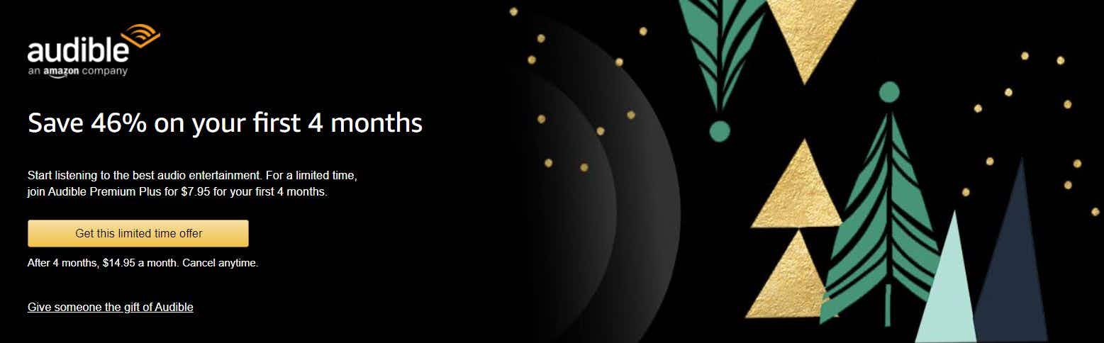 A holiday banner for Audible Premium Plus.