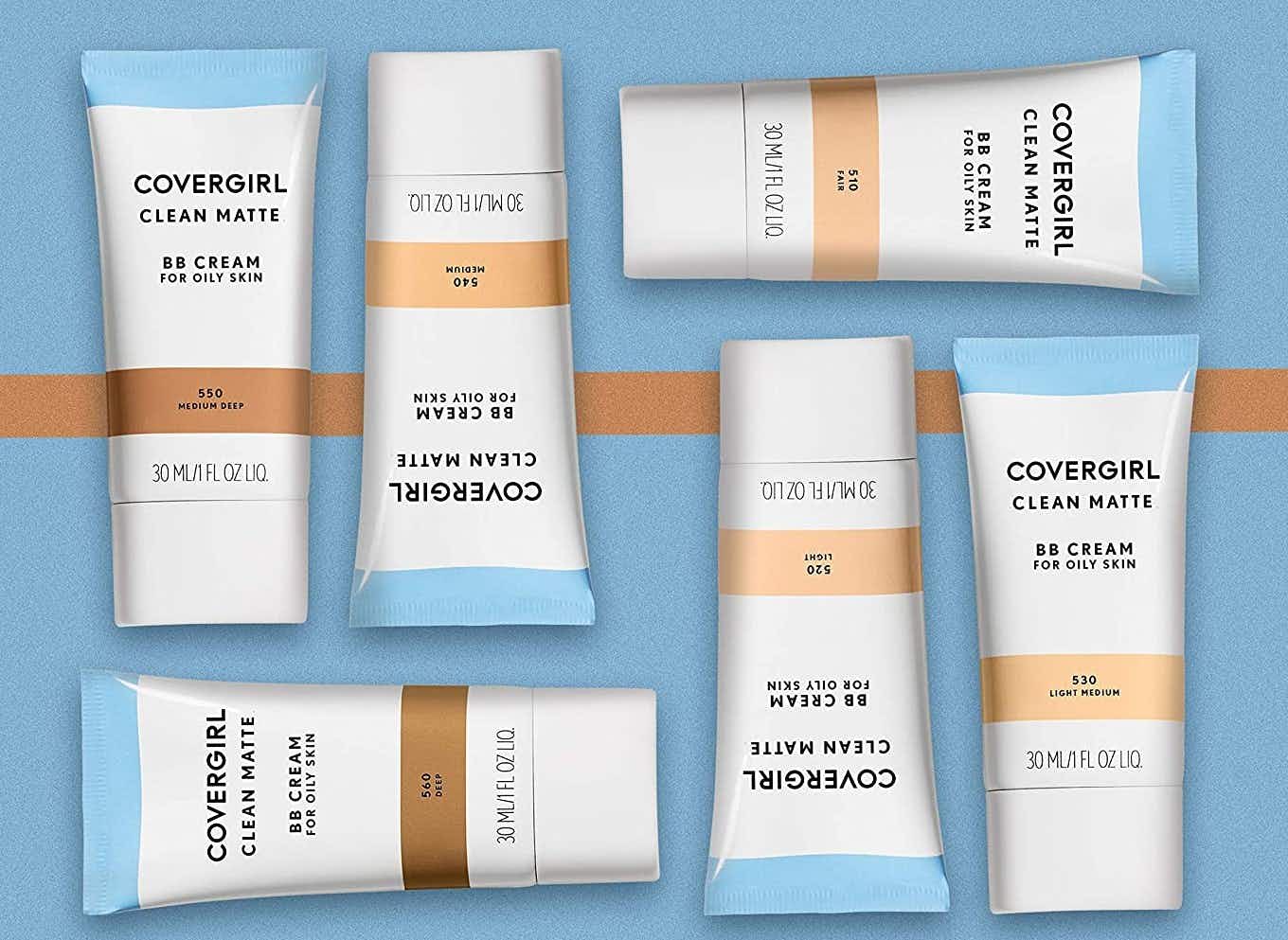 Six containers of Covergirl Clean Matte BB Cream in six shades.