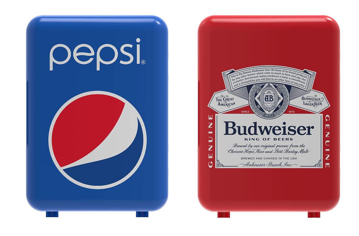 A Pepsi and Budweiser mini fridge.