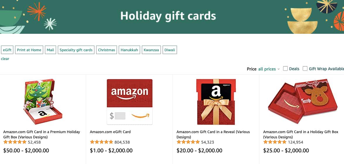 Amazon Holiday Gift Card Guide screenshot.