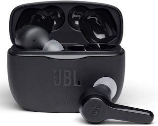 A pair of JBL true wireless earbuds.