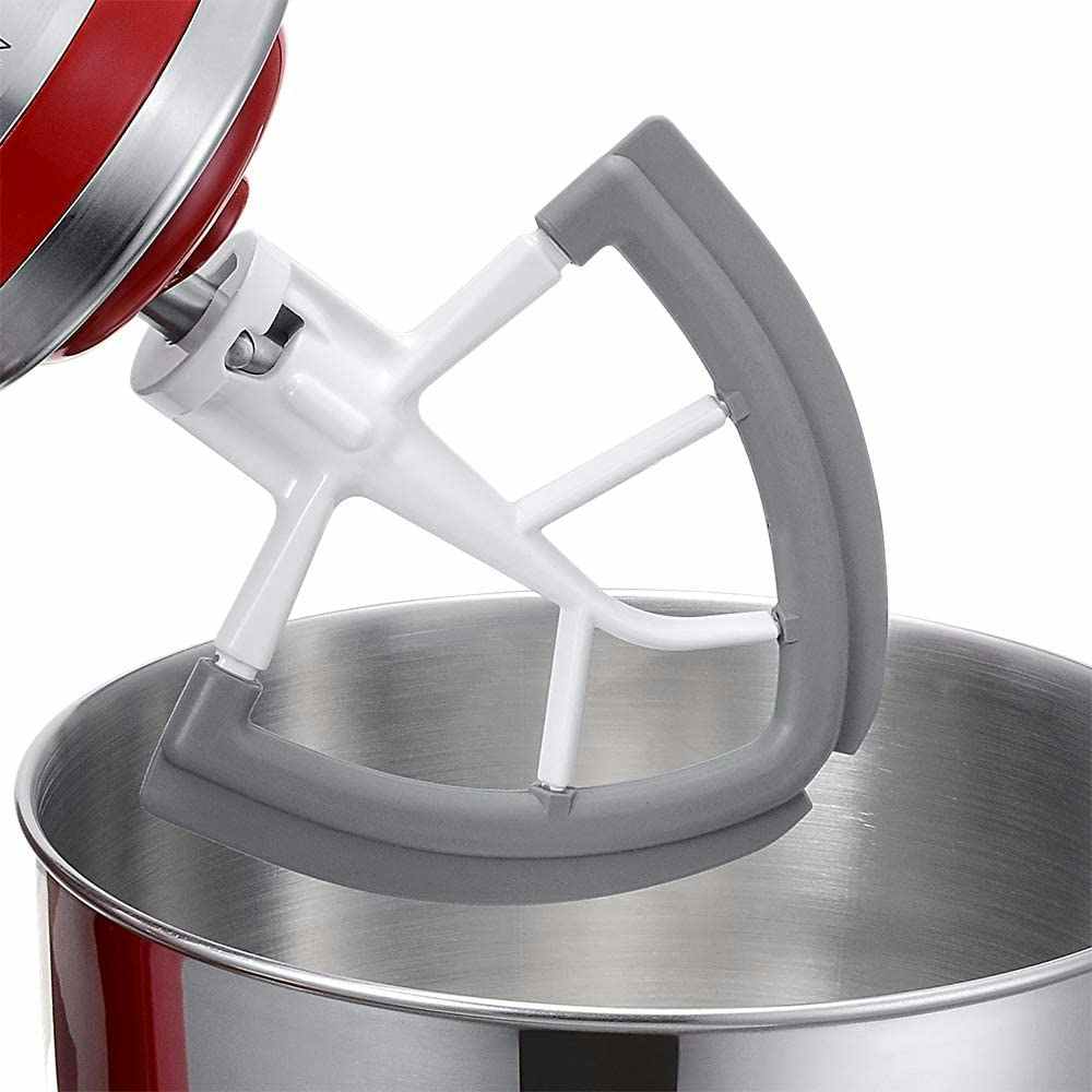 A dual-sided silicone mixer paddle.