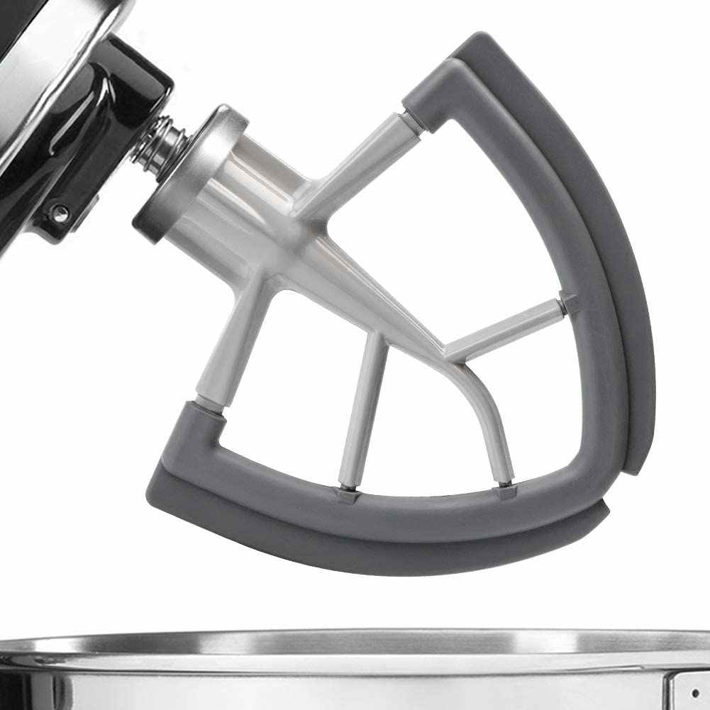A dual-sided silicone mixer paddle.