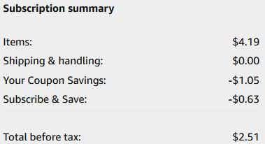 An Amazon subscription summary ending in $2.51.