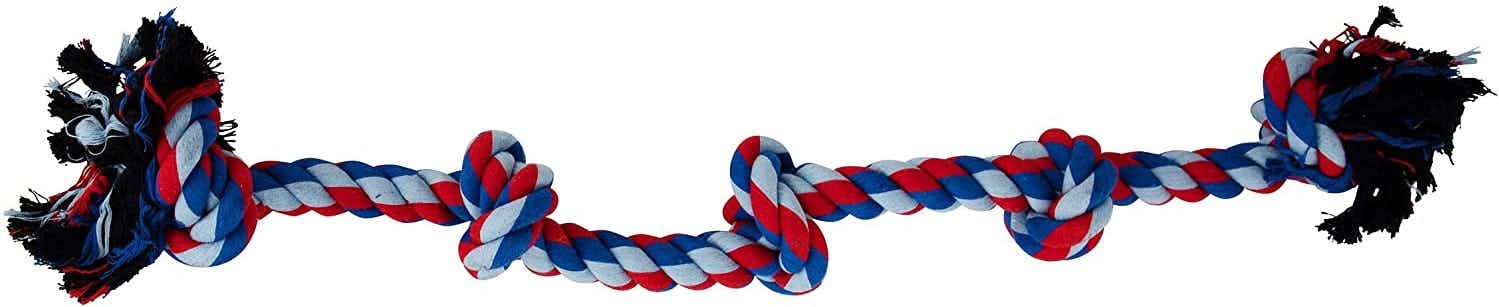 A multi-colored rope toy for dogs.