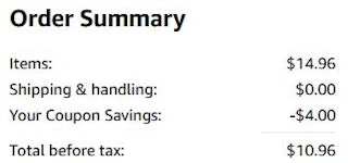 An Amazon order summary ending in $10.96.