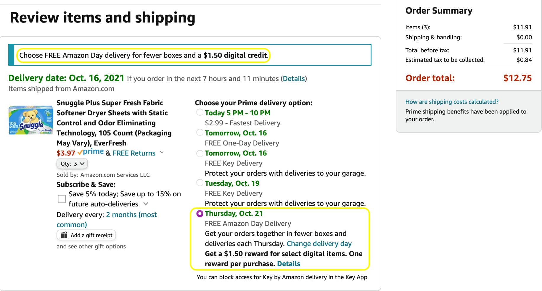 amazon cart showing day delivery
