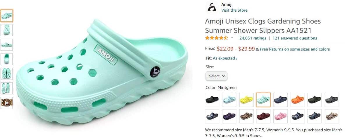A screenshot of an Amoji clogs(Crocs dupe) product page on Amazon's website.