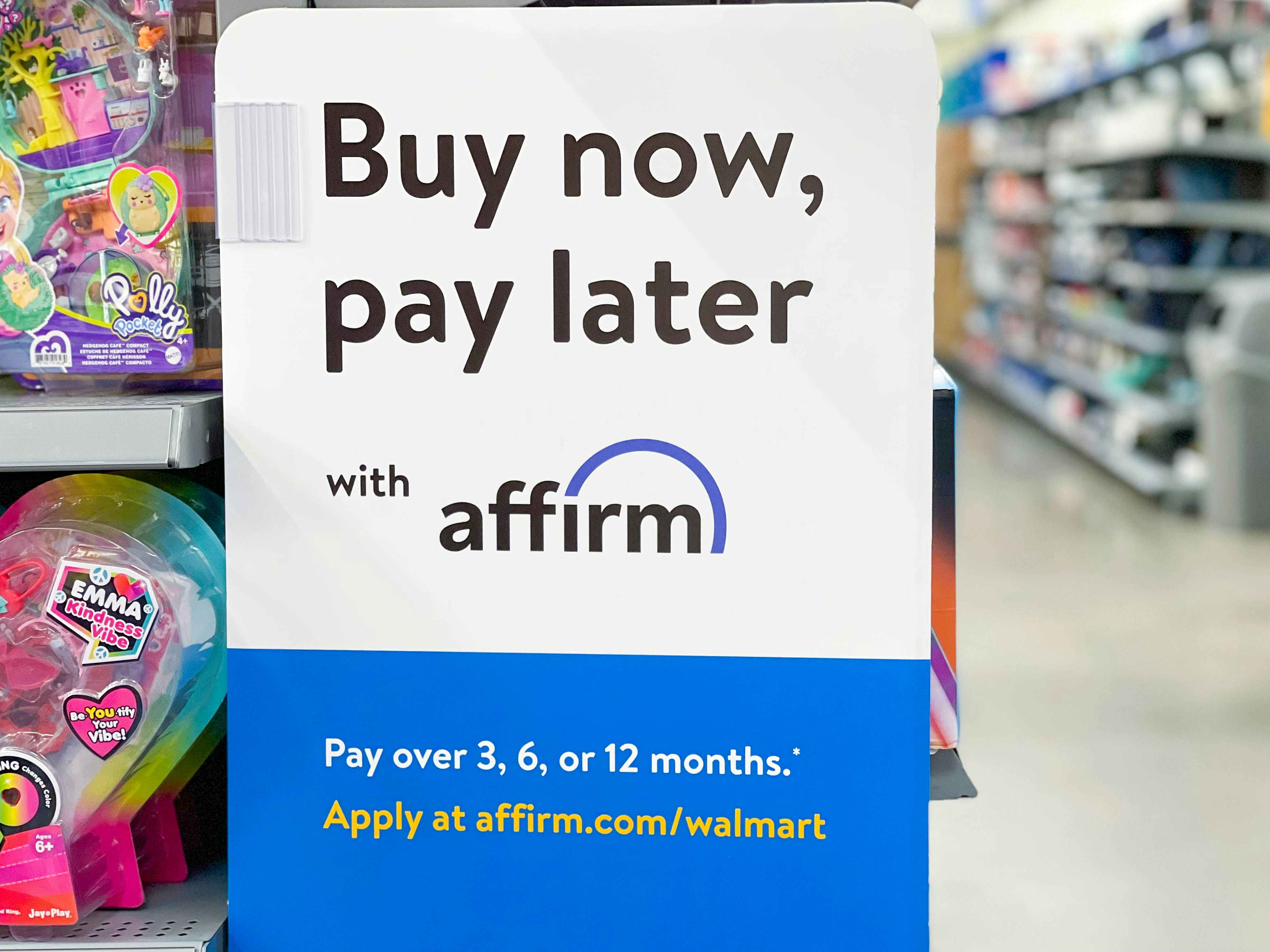 An Affirm buy now pay later sign inside Walmart