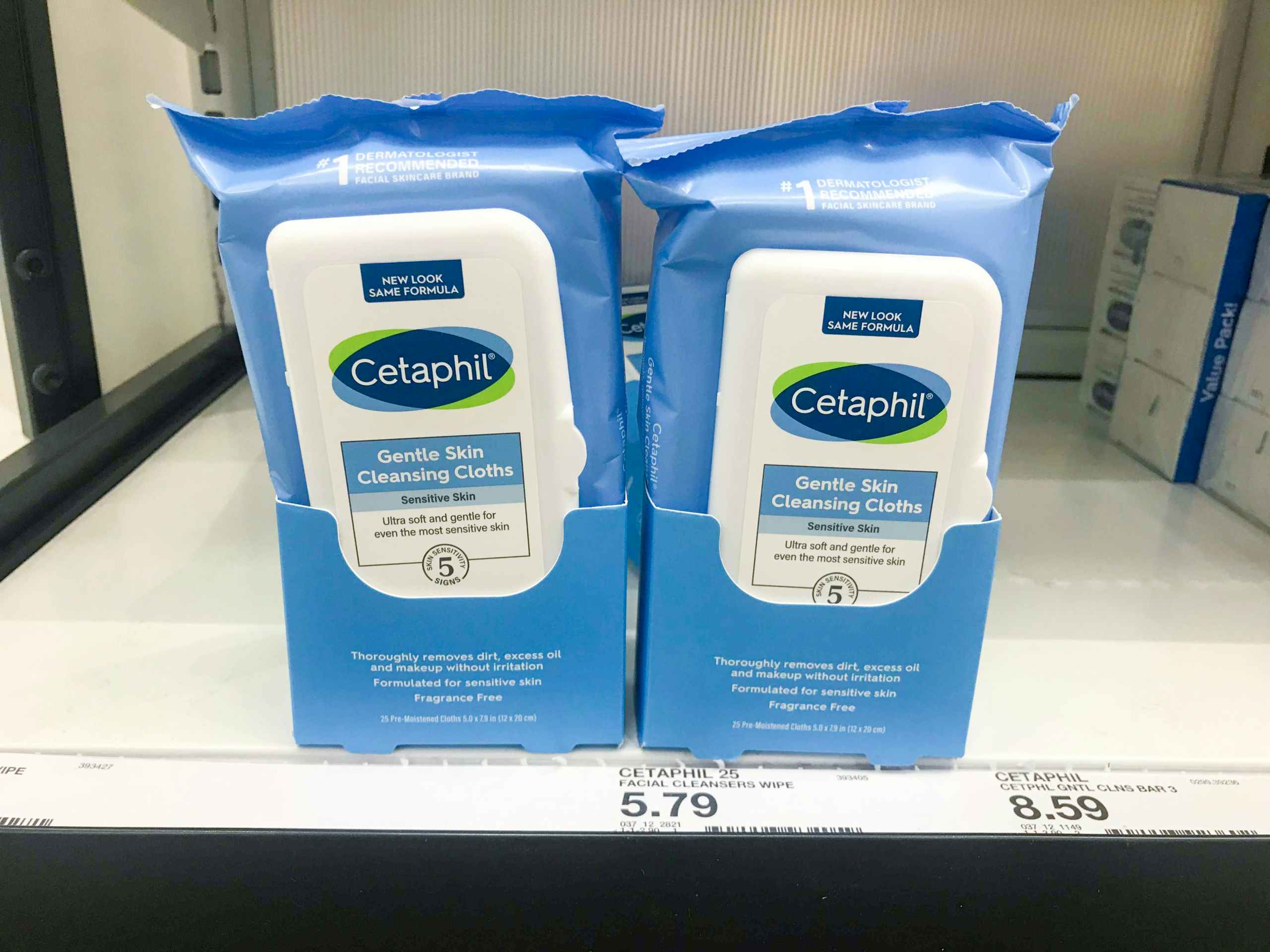 two packs of Cetaphil wipes on Target store shelf
