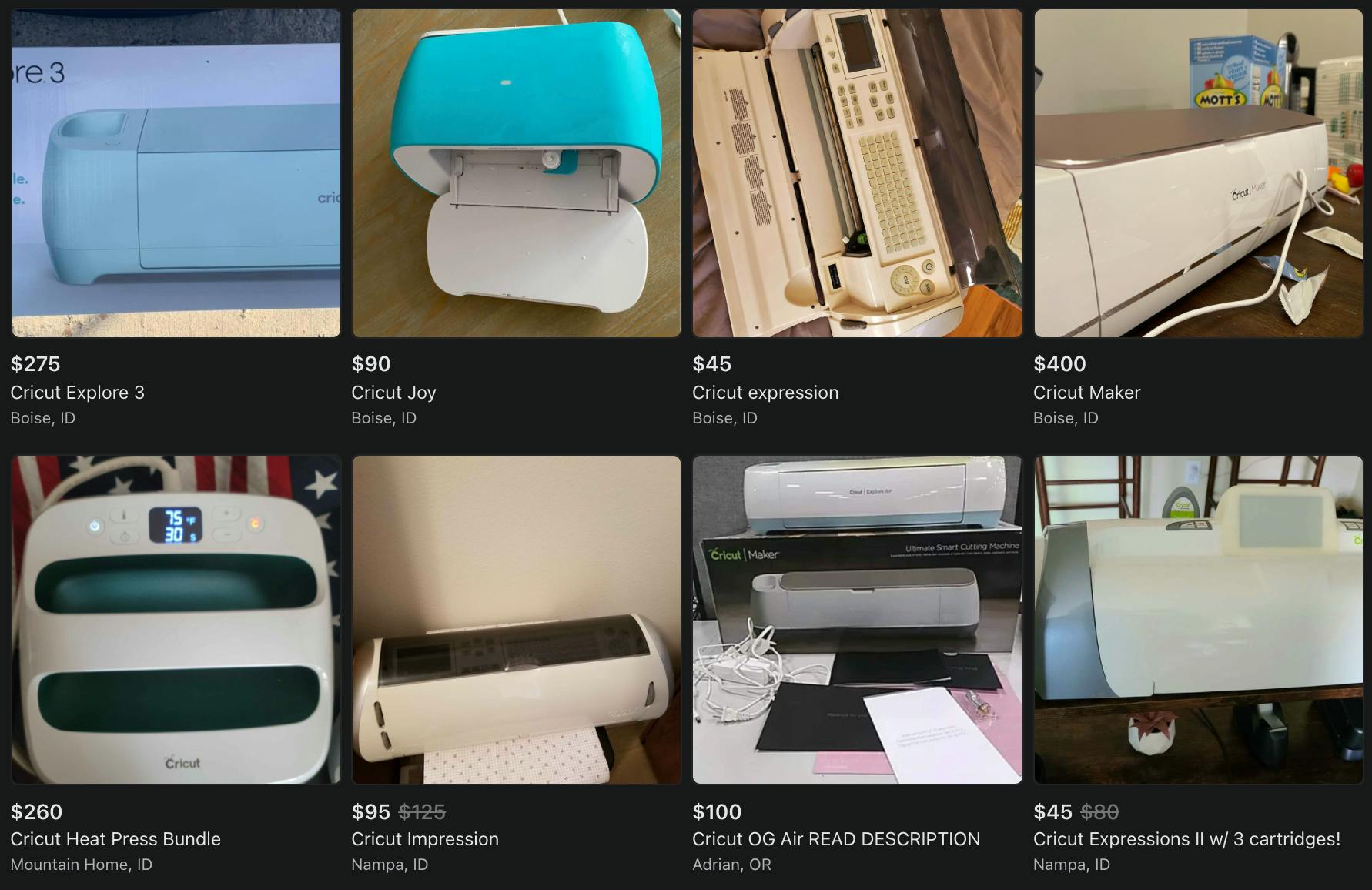 Facebook Marketplace listings of used Cricut machines for sale