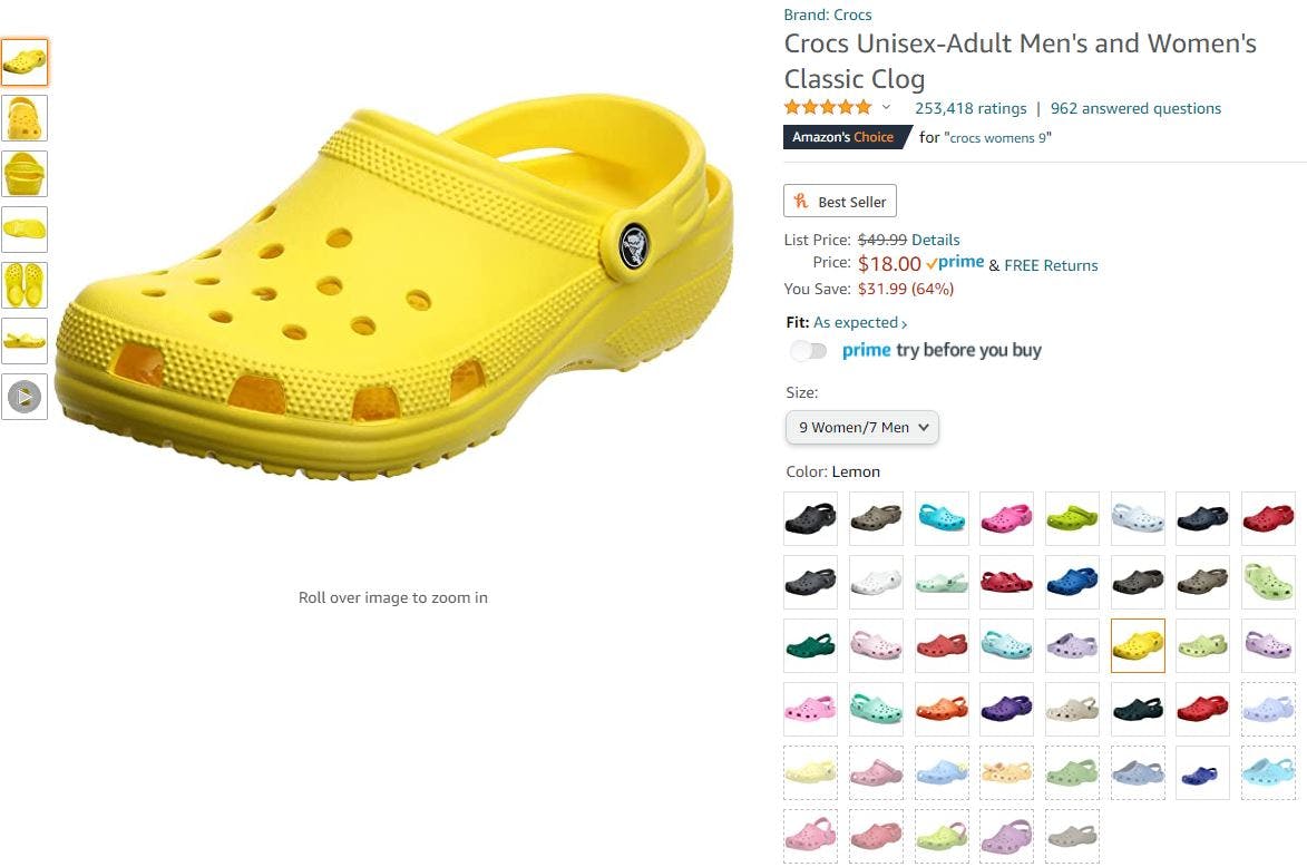 A screenshot of a Crocs classic clog product page on Amazon's website.