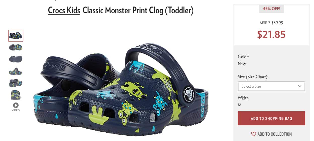 A screenshot of a Crocs Kids product page on 6PM's website.