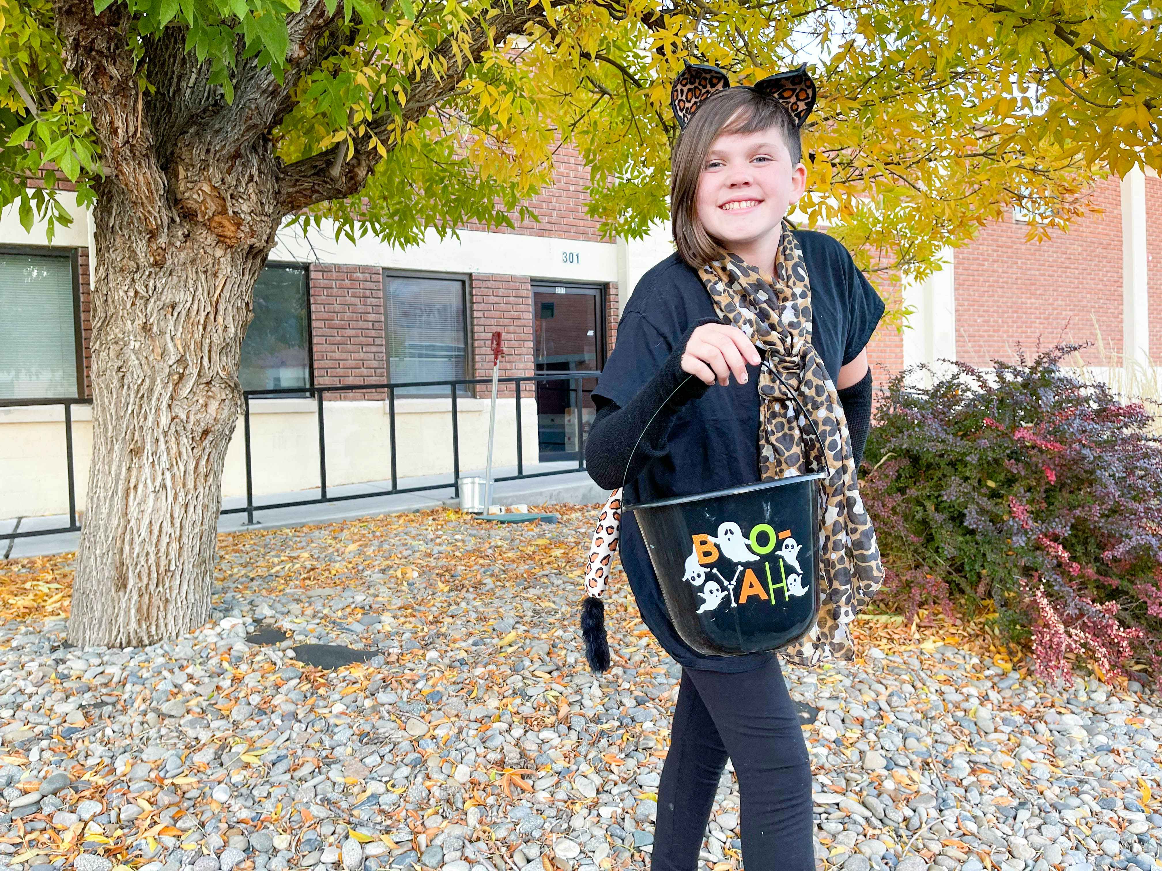 A child dressed up as a cat holding a trick-or-treating pail.