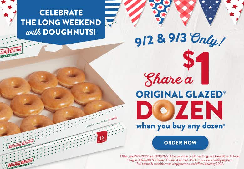 An advertisement for the Krispy Kreme Labor Day weekend buy one get one for $1 deal for 2022