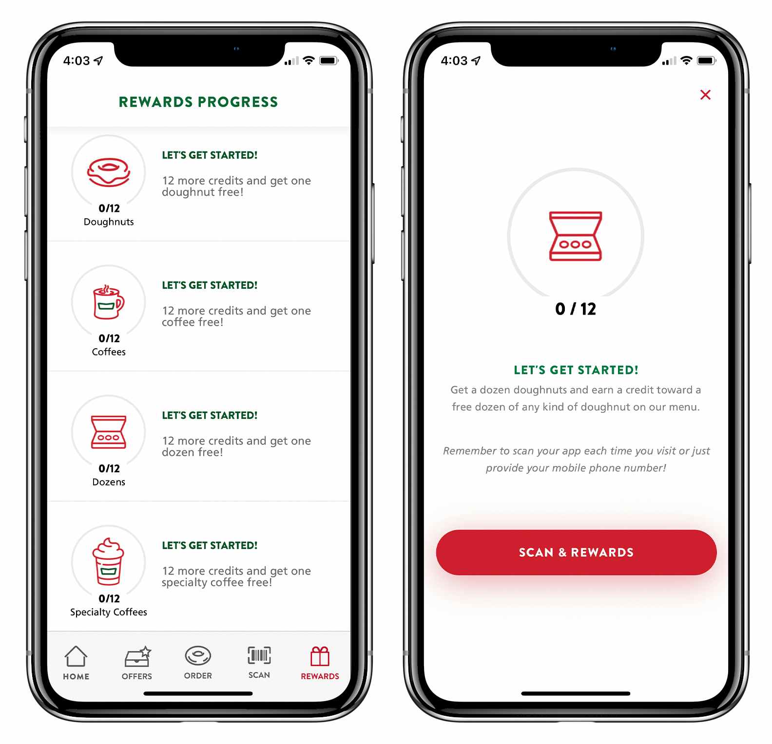 A graphic of two phones, one showing the list of Krispy Kreme Rewards Progress and the other showing a page for a specific reward's progress.