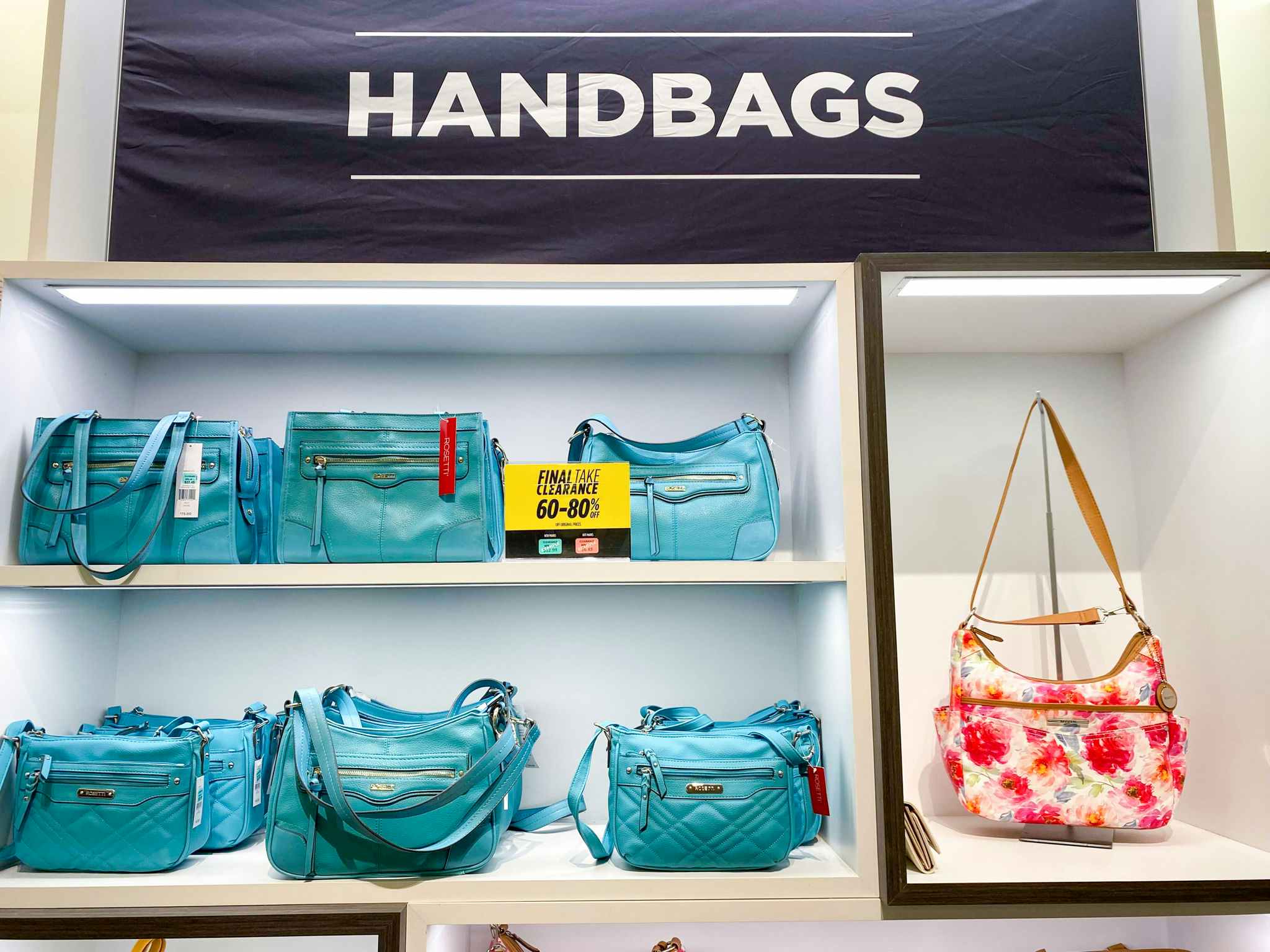 display of clearance handbags