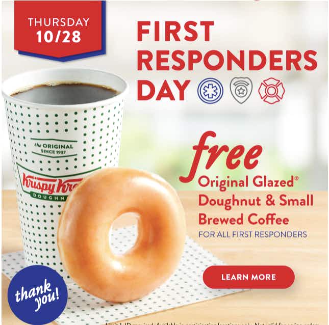 Free doughnut and coffee for first responders at Krispy Kreme