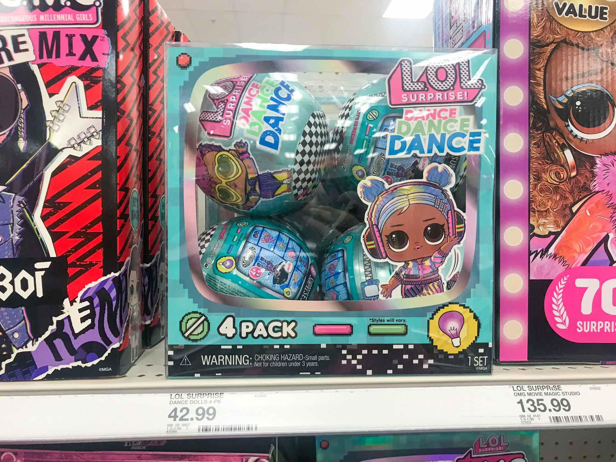 lol surprise dance dance dance dolls 4-pack on a target shelf