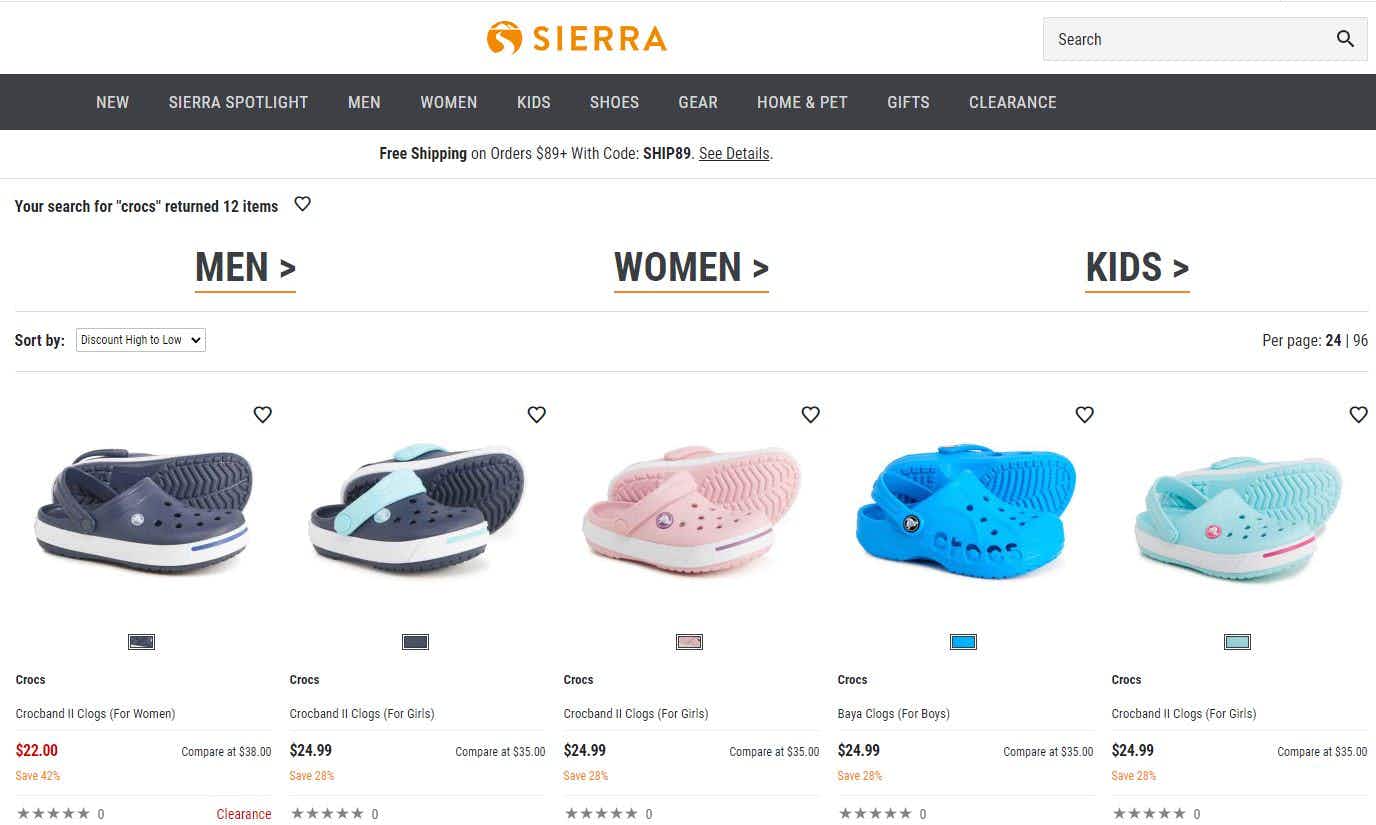 A screenshot of the search results for Crocs on the Sierra Trading Post website.