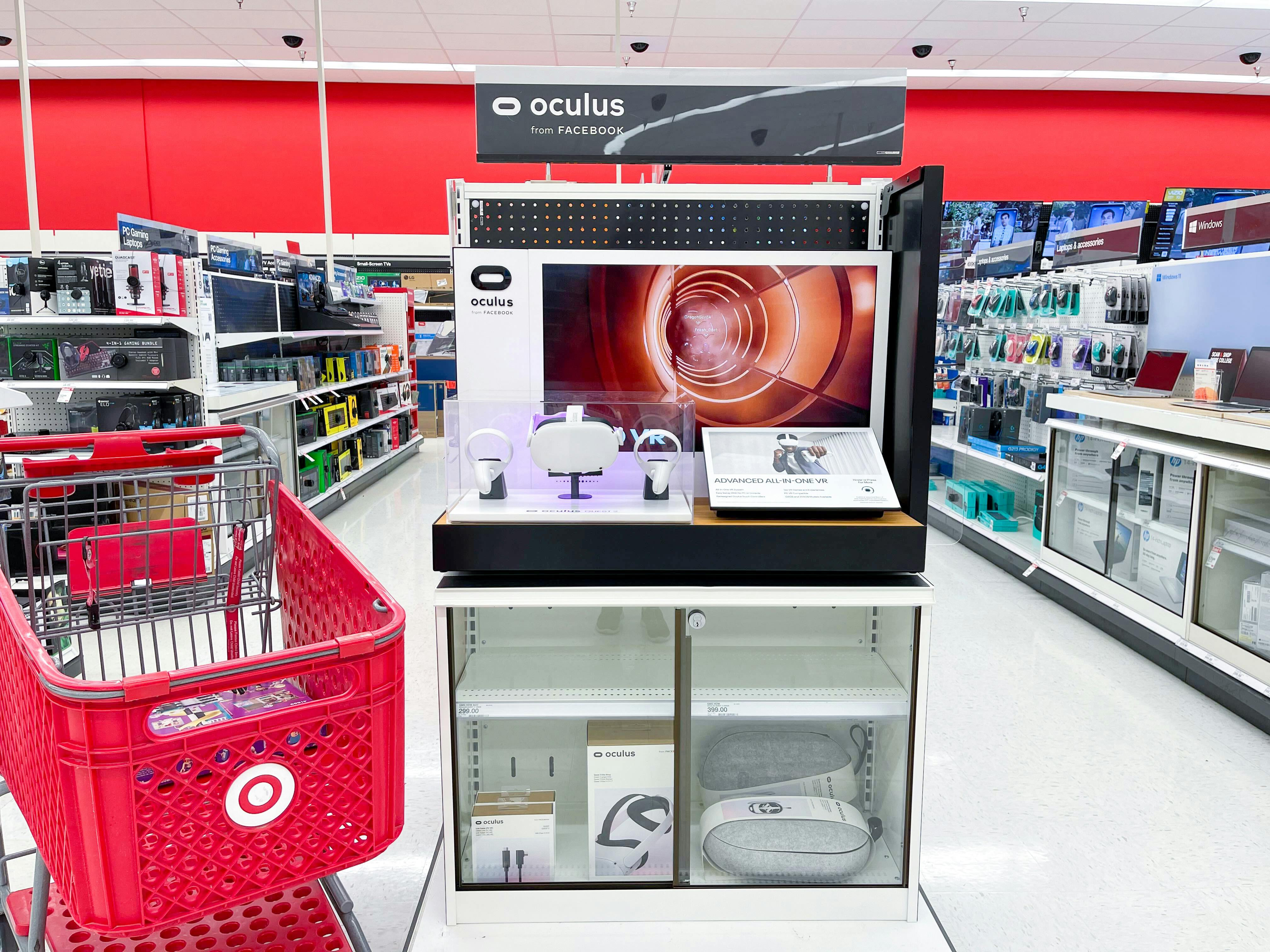 a target cart pulled up in front of an oculus VR headset display at Target