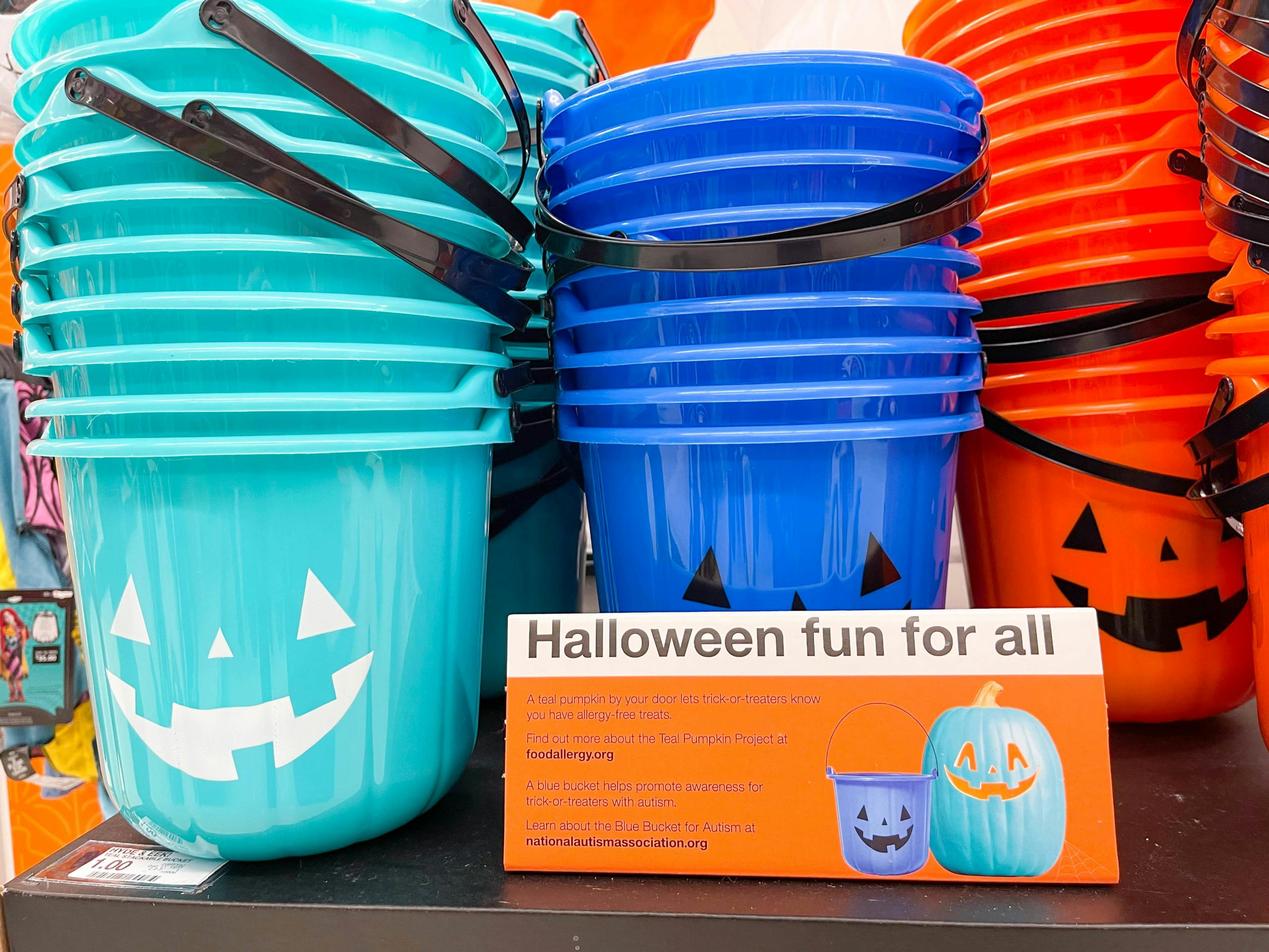 Hyde & EeK Boutique Blue Pumpkin Stackable Halloween Trick-or-Treat Pails on a shelf at Target.