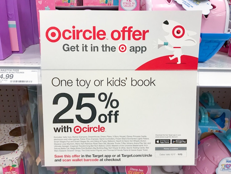 target 25% off one toy or kids book coupon signage in store