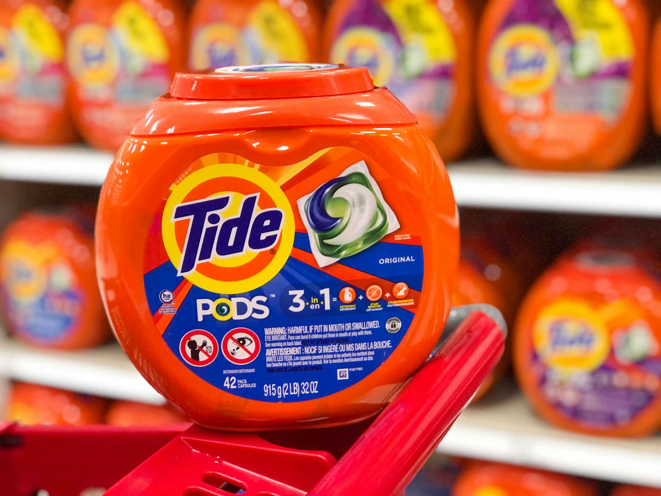 Tide pods on edge of Target shopping cart