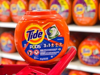 Tide pods on edge of Target shopping cart