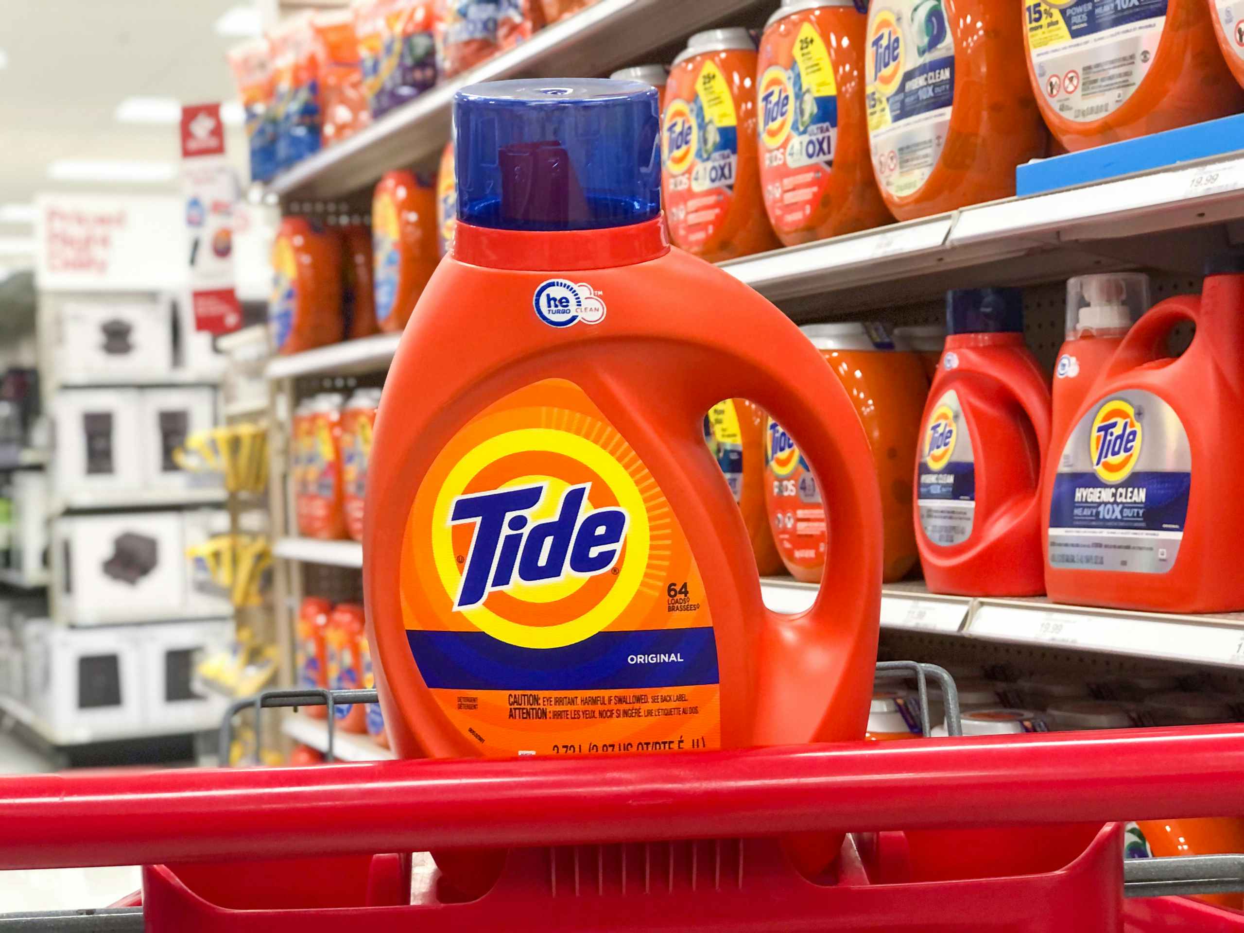 bottle of Tide liquid in Target shopping cart