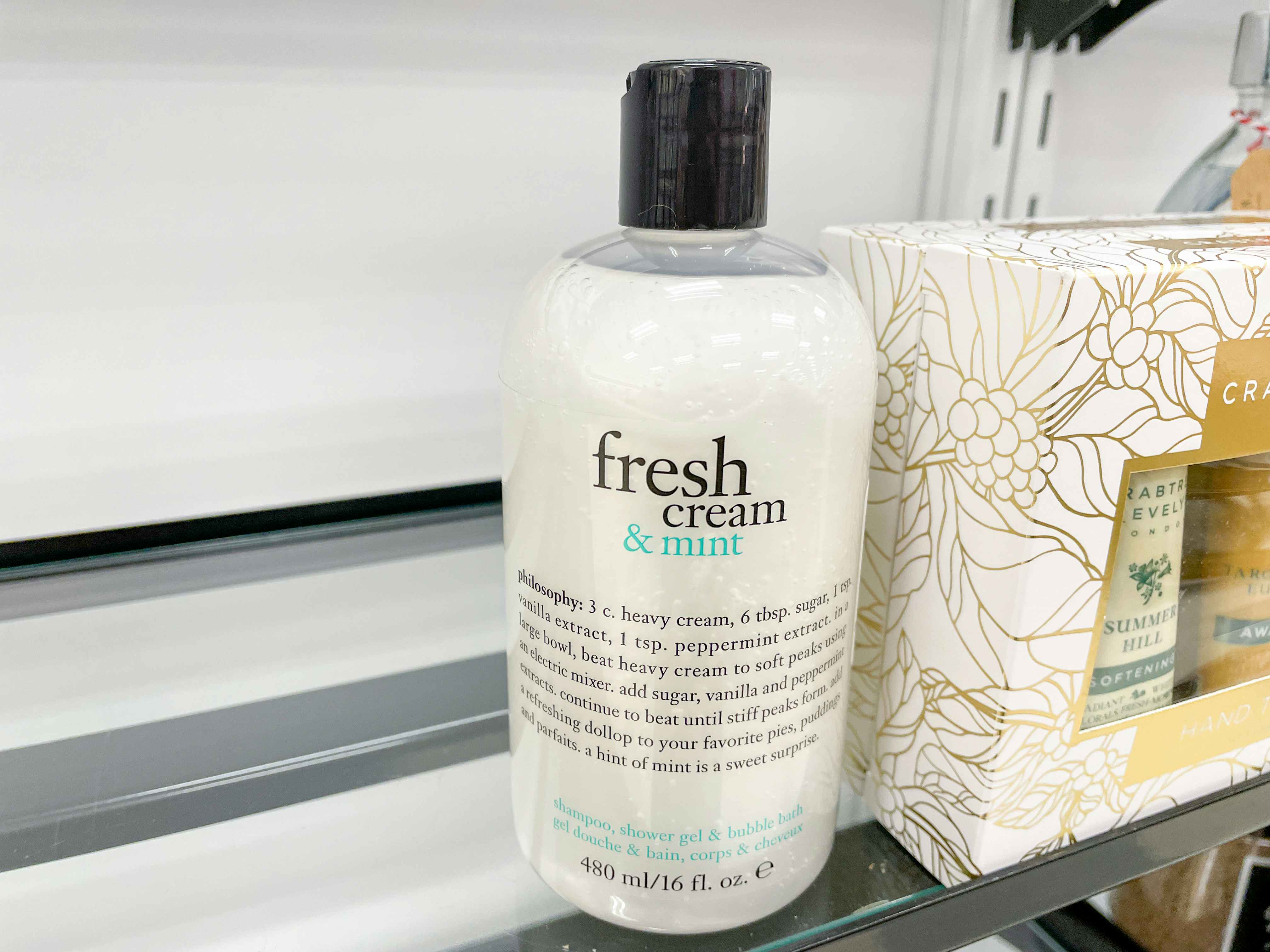 Philosophy fresh cream and mint shampoo, shower gel, and bubble bath on a shelf at tjmaxx